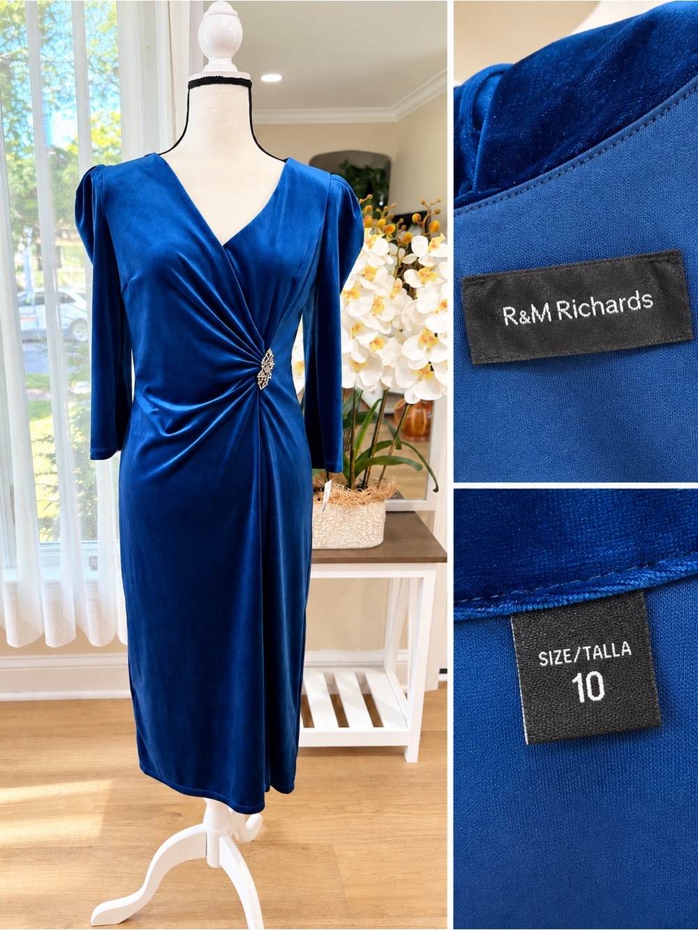 R&M Richards Women's Midi Velvet Wrap Dress W/Long Puff Sleeve Brooch Sz.10 New